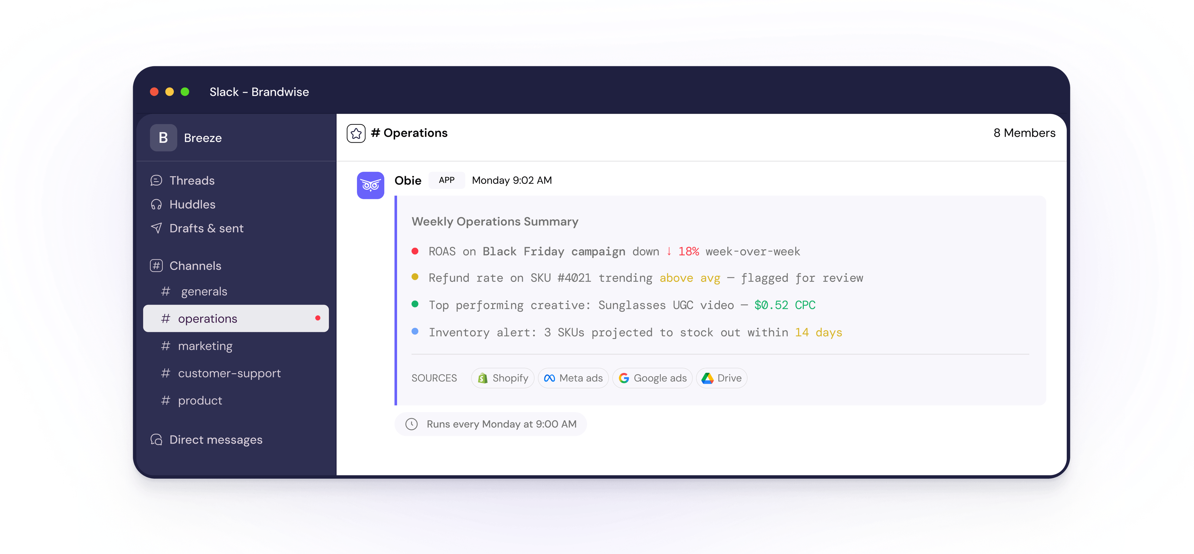 Obie running a weekly operations summary in Slack