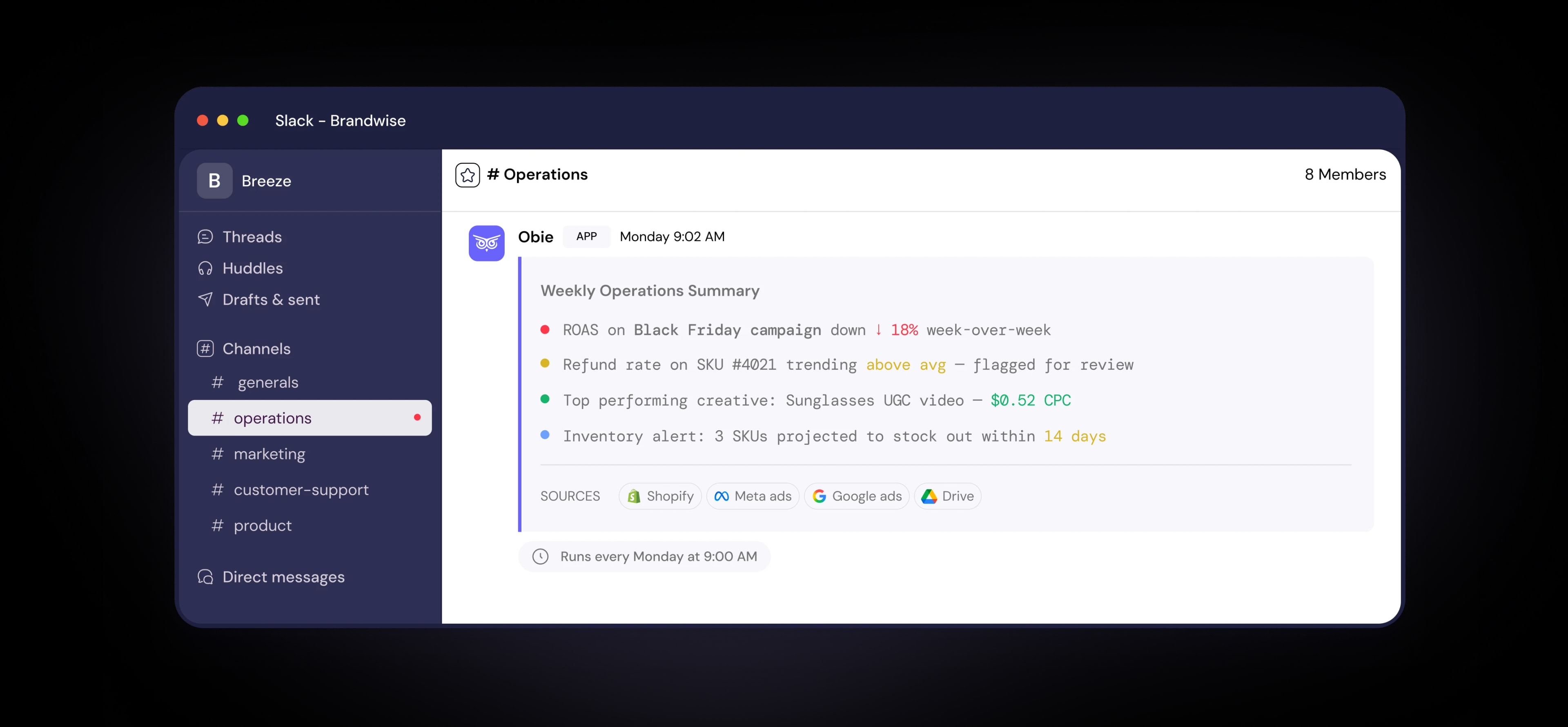 Obie running a weekly operations summary in Slack