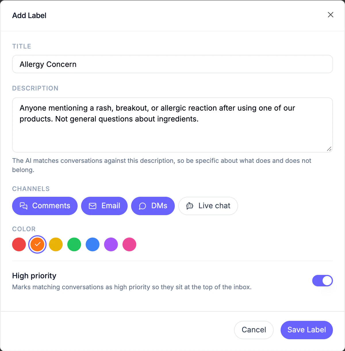 The Add Label dialog, filled in for an Allergy Concern label