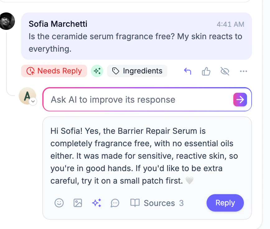 An AI-written reply in the reply box under a customer's comment