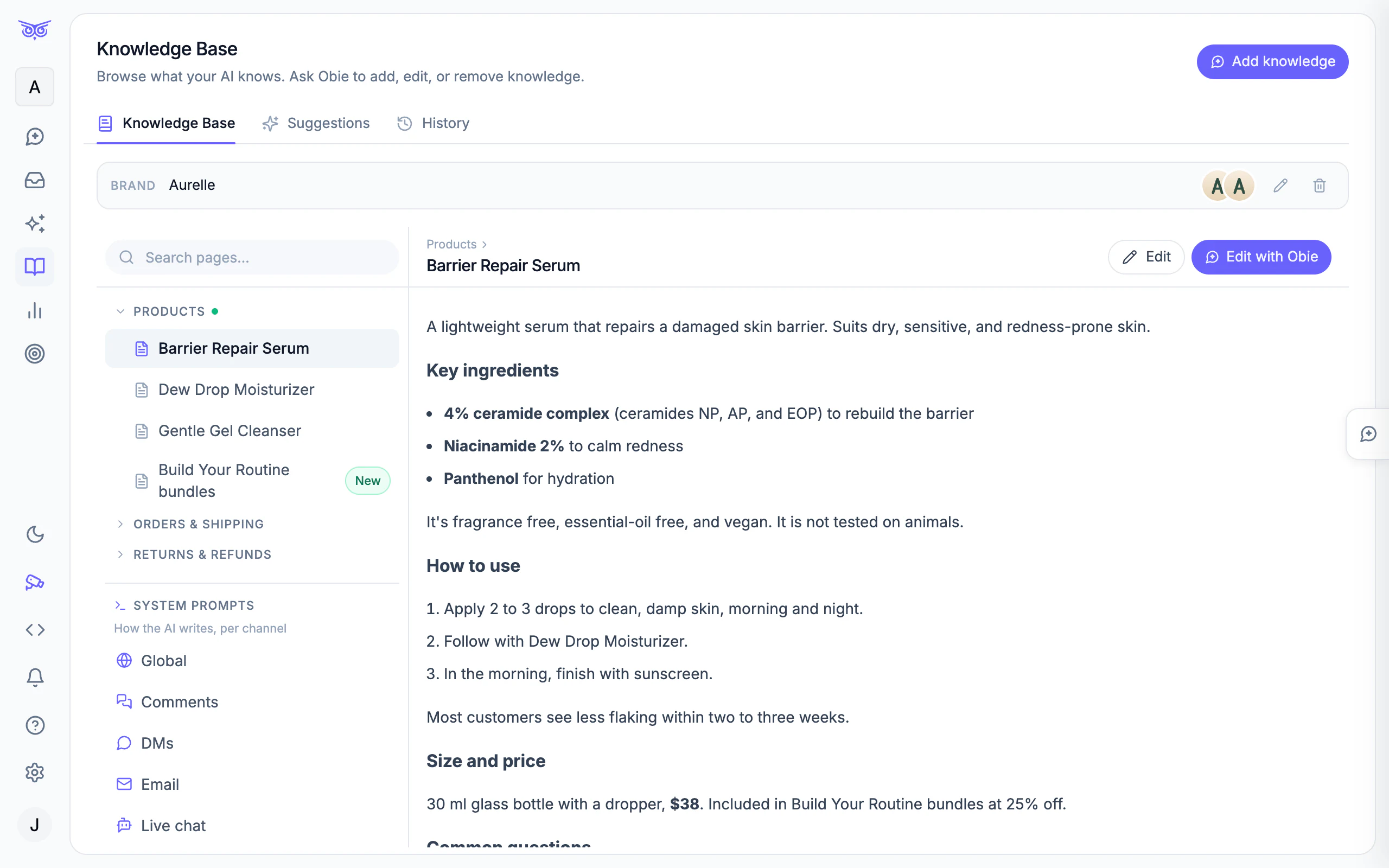 The knowledge base, with pages grouped into folders on the left and the Barrier Repair Serum page open