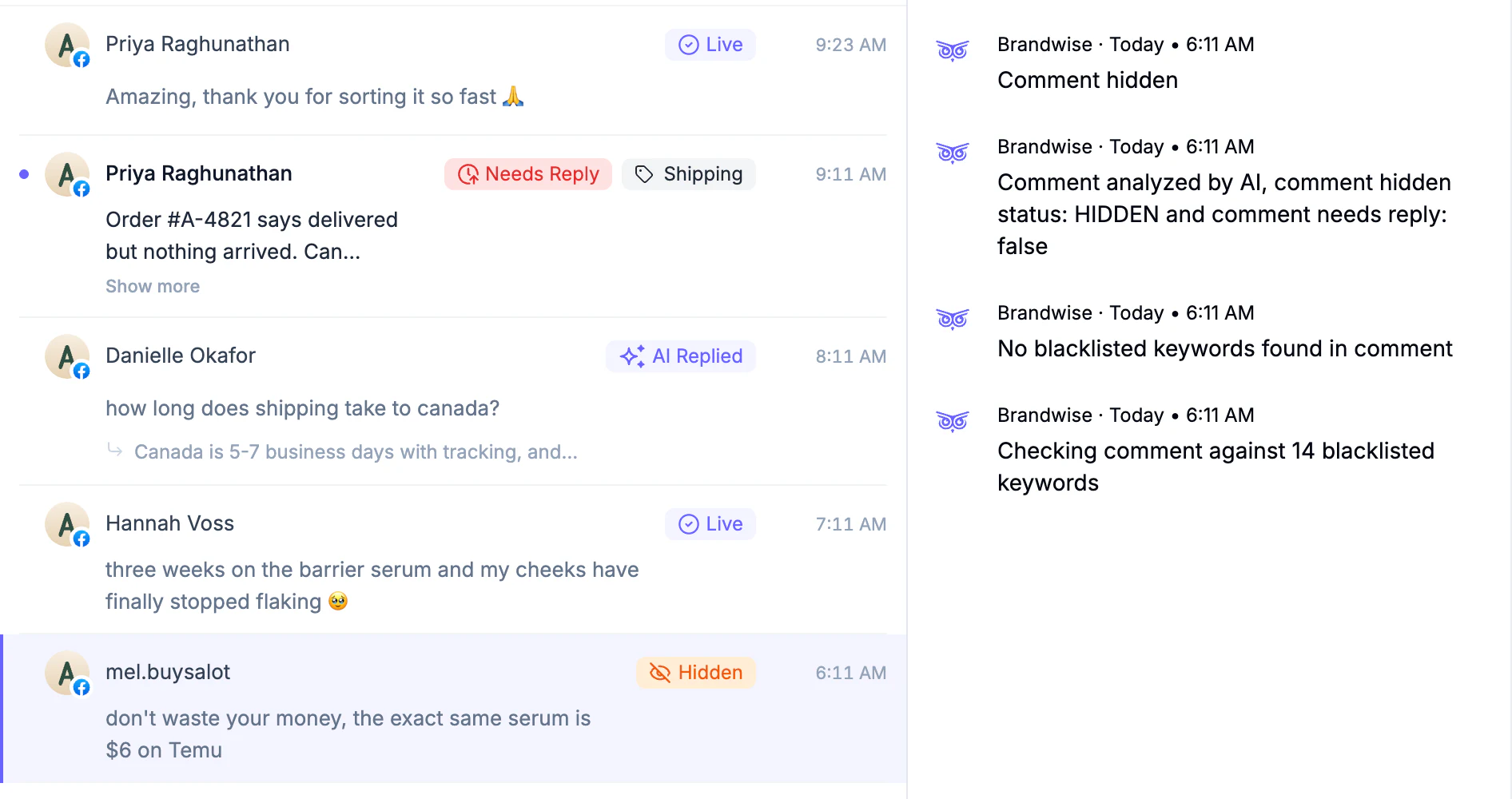 The log for a hidden comment, showing the AI's analysis and the hide