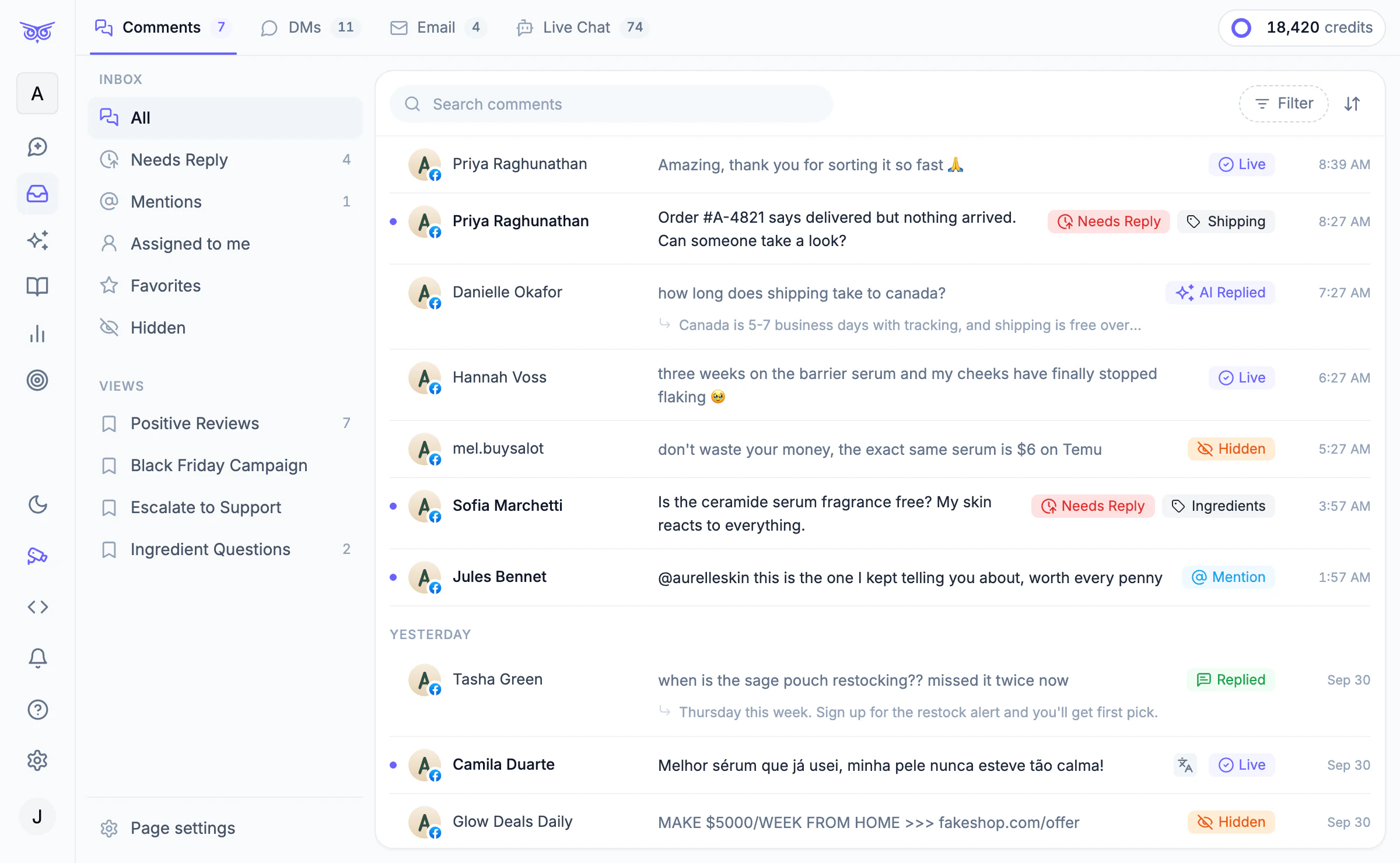 The comments inbox, with views in the sidebar and a list of comments with status badges