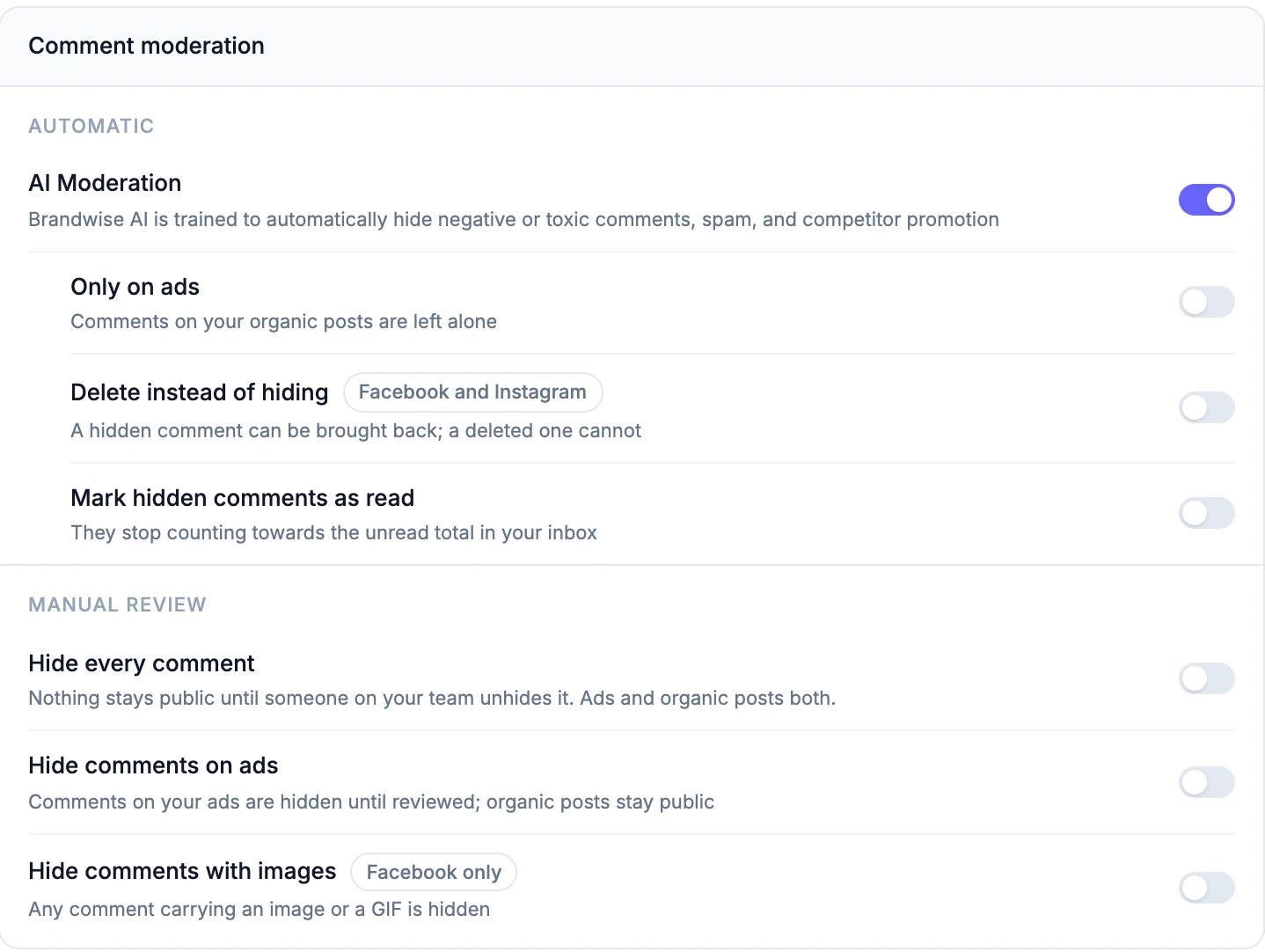 A page's comment moderation settings, with AI Moderation turned on