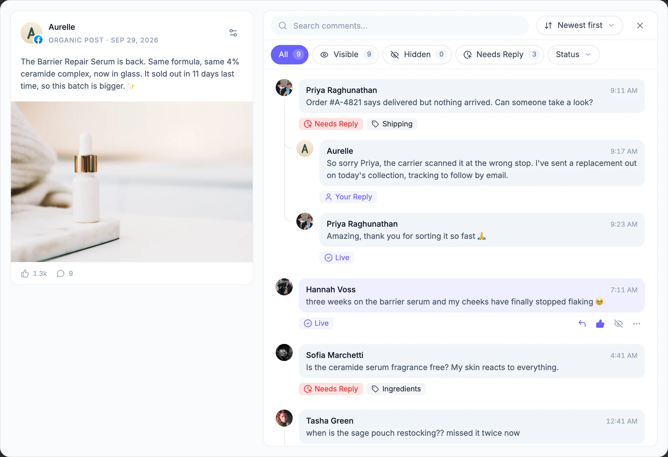 The post viewer, showing the post on the left and all of its comments on the right