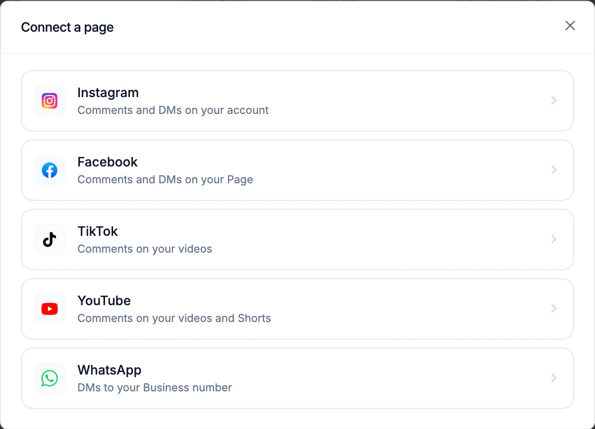 The Connect a page dialog, listing Instagram, Facebook, TikTok, YouTube, and WhatsApp