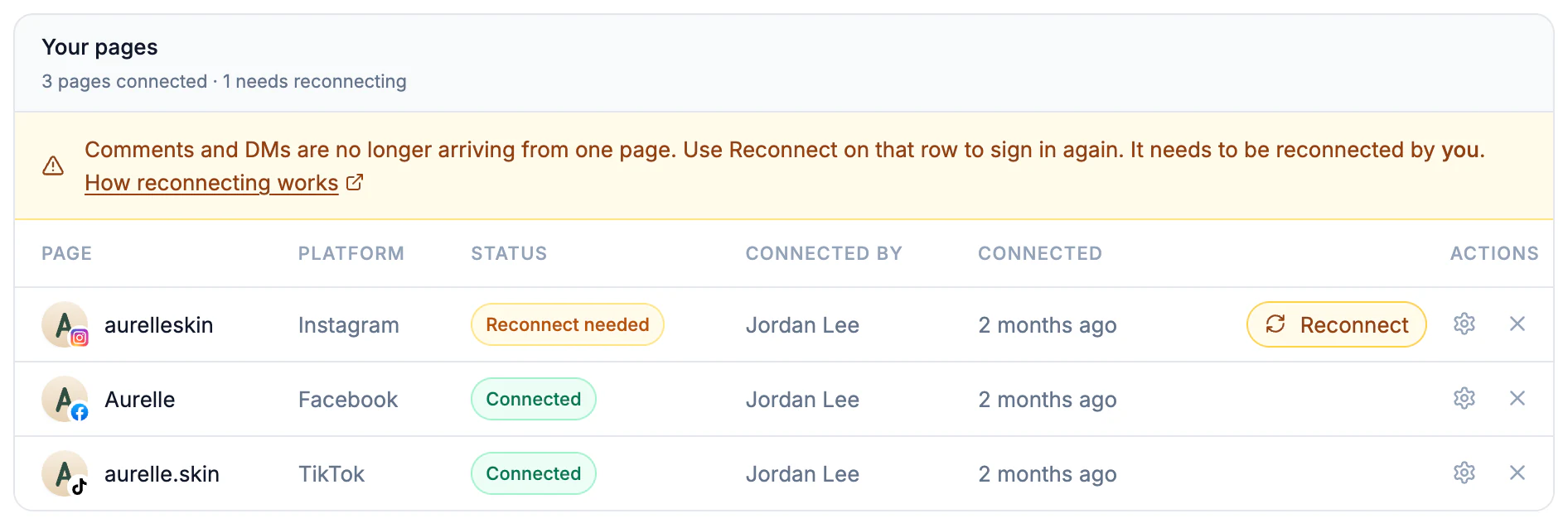 The Your pages list in Settings, with an Instagram page marked Reconnect needed