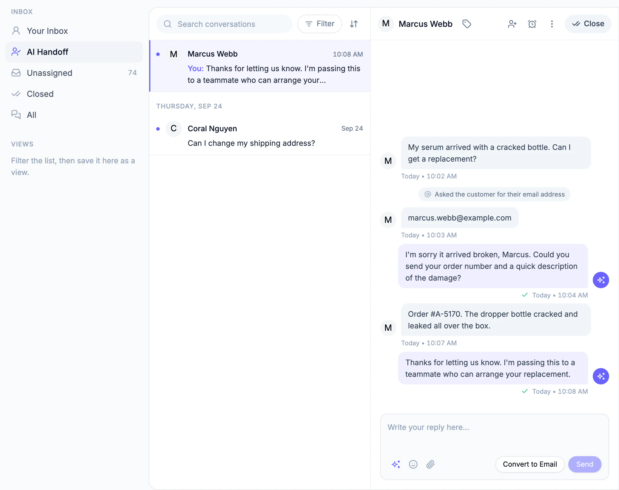 The AI Handoff view, with a chat the AI passed to the team