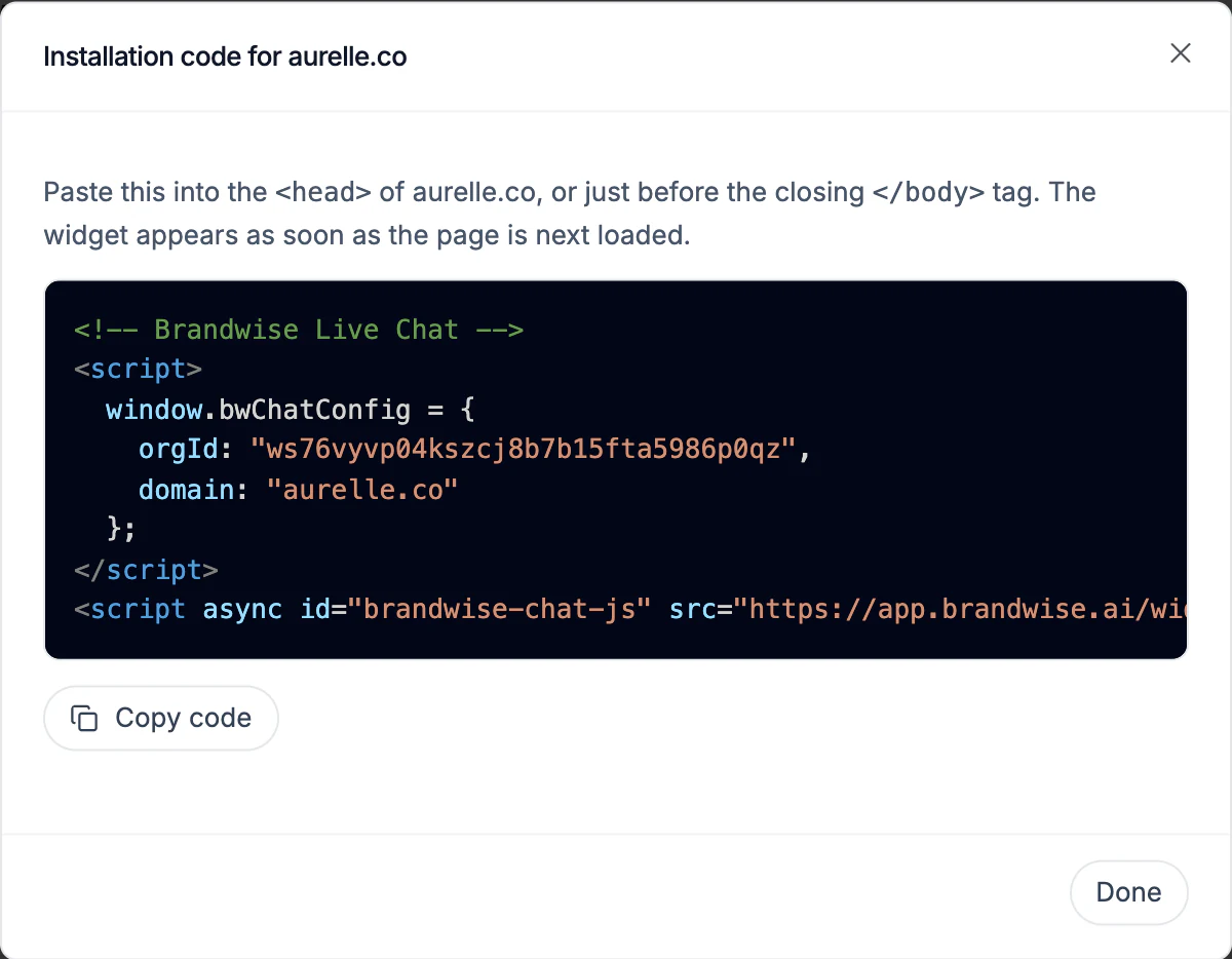 The installation code dialog for aurelle.co, with a Copy code button