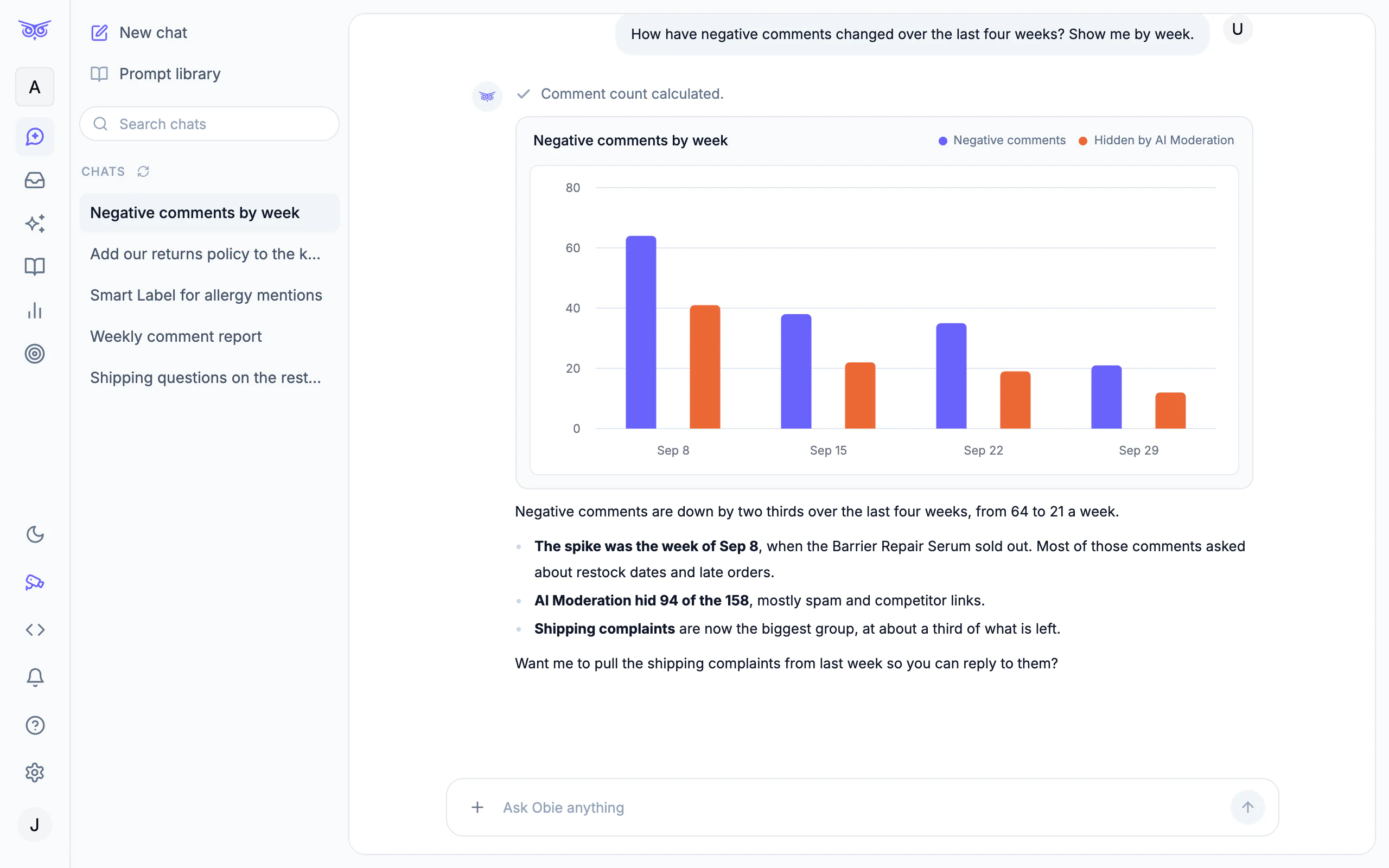 An Obie chat answering a question about negative comments with a bar chart and a short summary