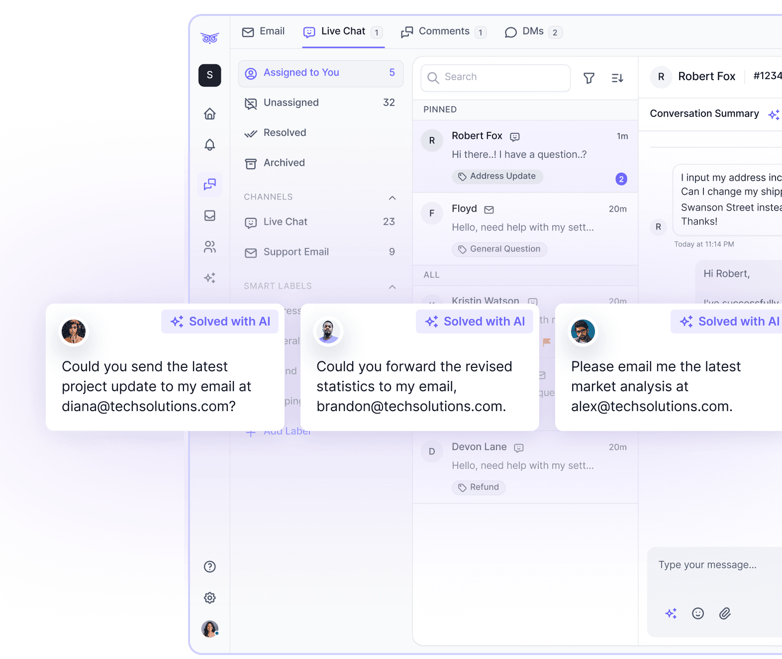 Brandwise AI helpdesk interface showing email, live chat, DMs, and support features